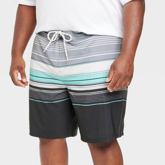 Men's Big & Tall 9" Striped Swim Shorts - Goodfellow & Co Charcoal Gray 3XL - Picture 1 of 8
